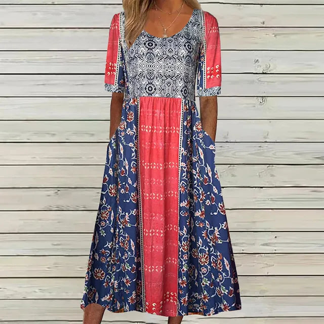 Comfortable plus size women's boho midi dress with vibrant print, gathered waist, and functional pockets.