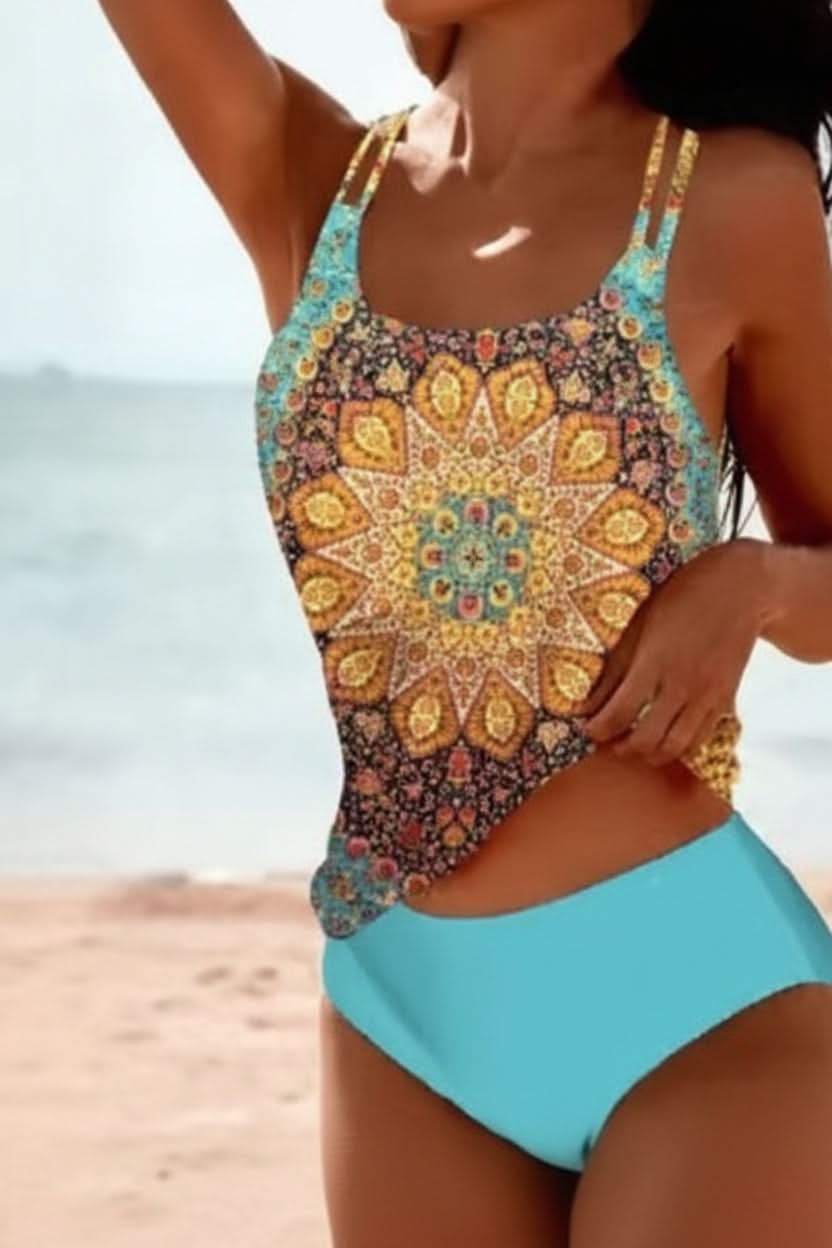 Women's summer tankini set with adjustable straps. Flattering boho print swimwear for confident beach style.