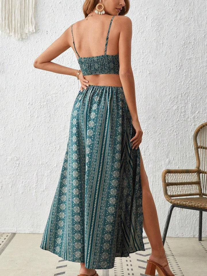 Comfortable women's casual boho printed maxi dress. Features smocked back & chic side slits.