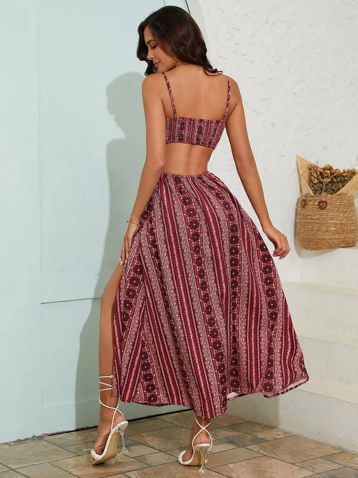 Summer festival women's boho printed maxi dress with smocked back & elegant side slits.
