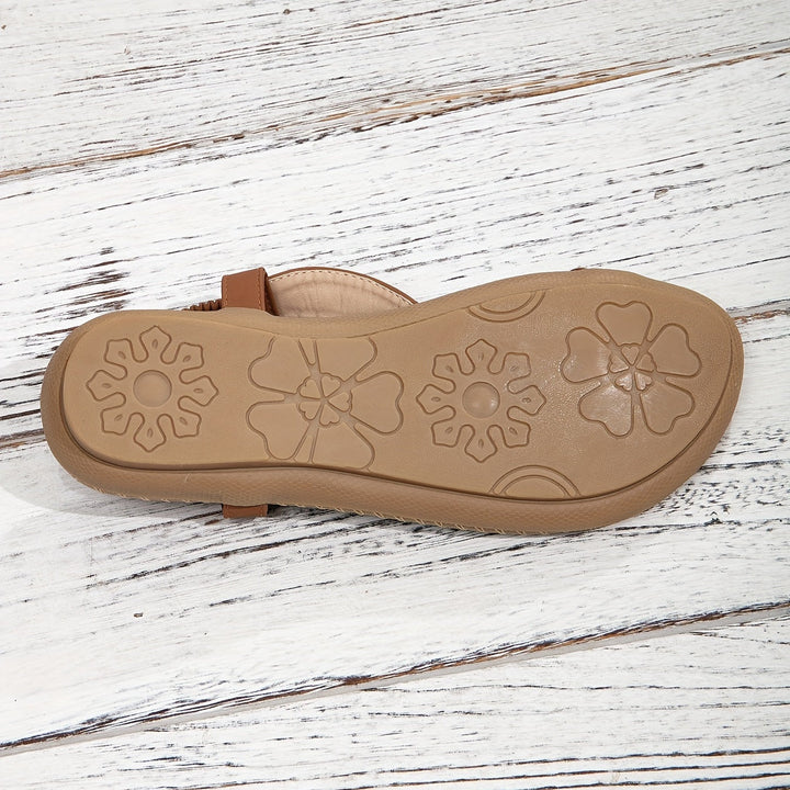 Trendy women's flat bohemian sandals, sparkling rhinestones, intricate beading, secure toe ring.