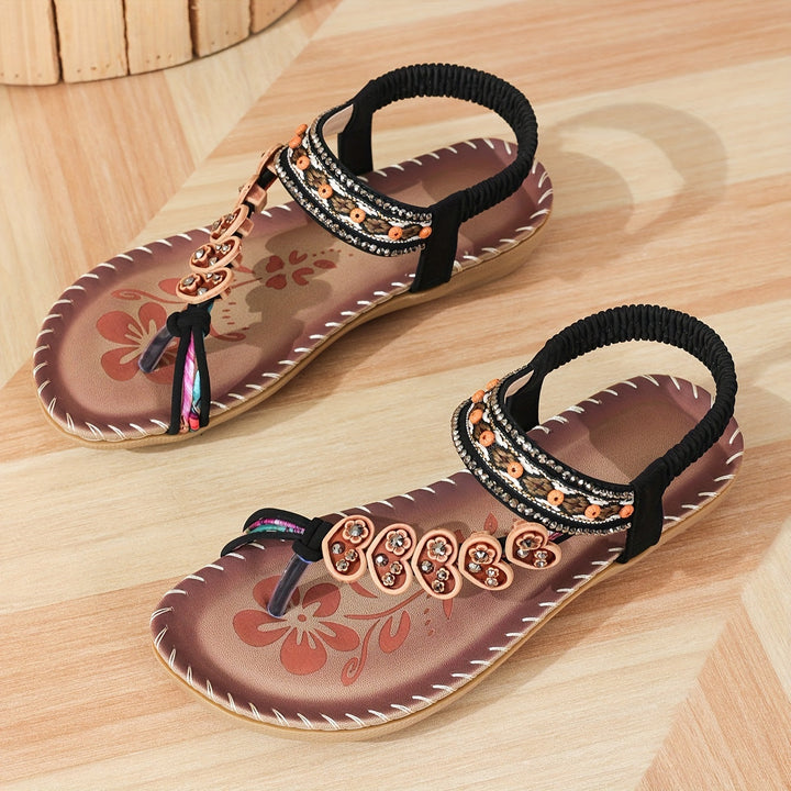 Women's flat toe ring sandals, boho style, intricate rhinestone & beaded embellishments.
