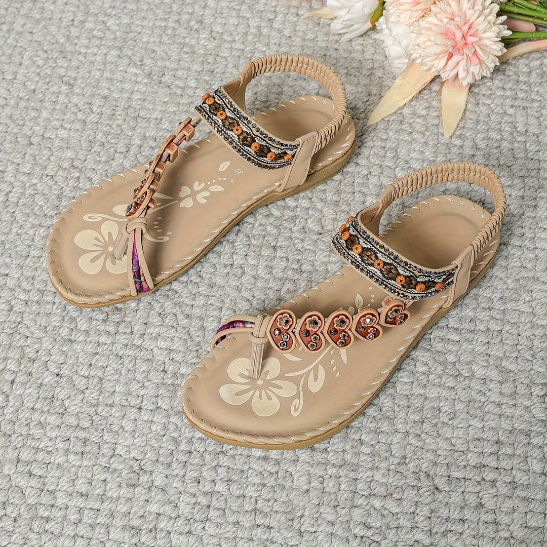 Elegant women's flat sandals, beaded & rhinestone details, perfect for summer bohemian looks.