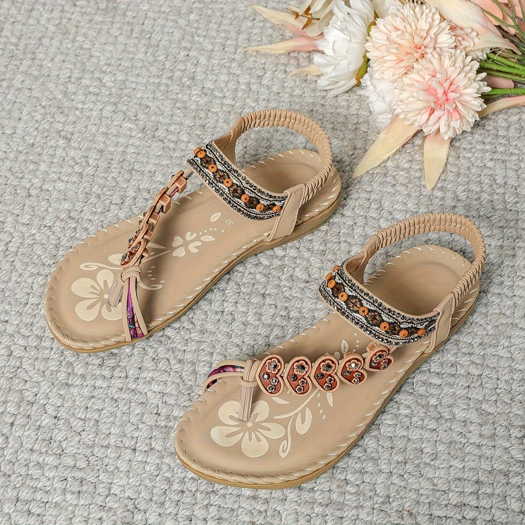 Lightweight women's summer sandals, toe ring design, sparkling rhinestones & delicate beads.
