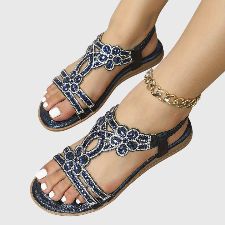 Resort wear women's flat sandals, Boho style, with sparkling rhinestones.