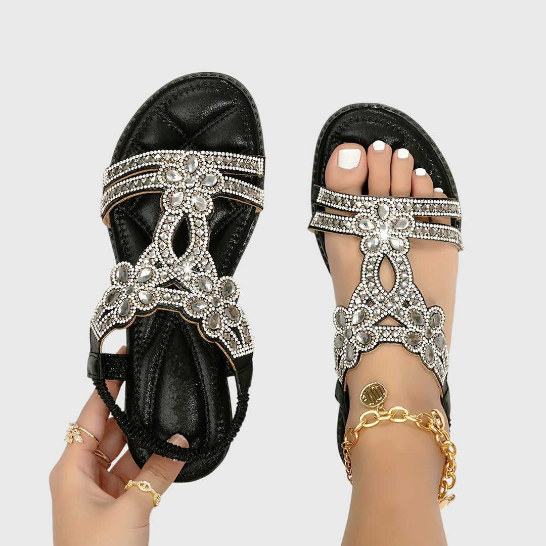 Dazzling women's Boho flat sandals with rhinestone details.