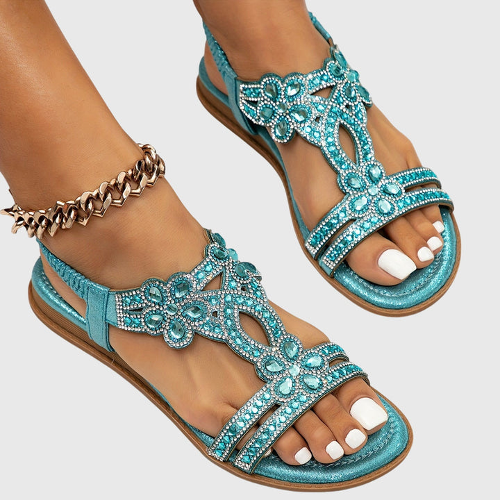 Summer resort wear: Women's flat Boho sandals with dazzling rhinestones.
