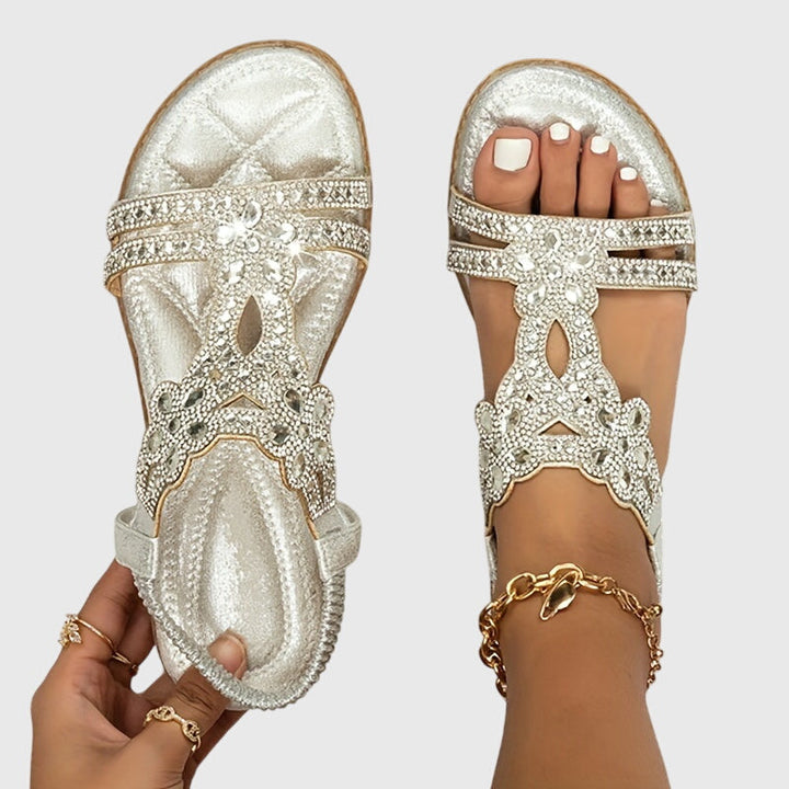 Boho chic women's sandals, embellished with shimmering rhinestones.