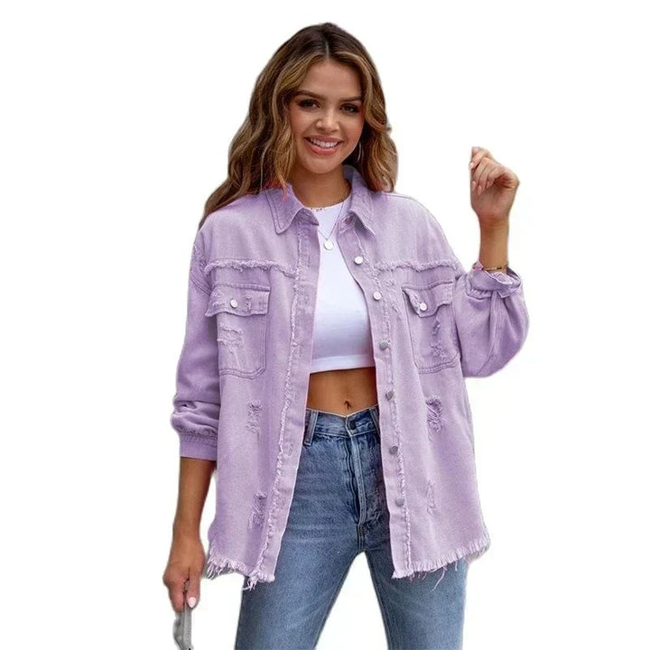 Boho women's denim jacket with Ibiza flair, a slim fit outerwear piece perfect for spring festivals & summer outfits.