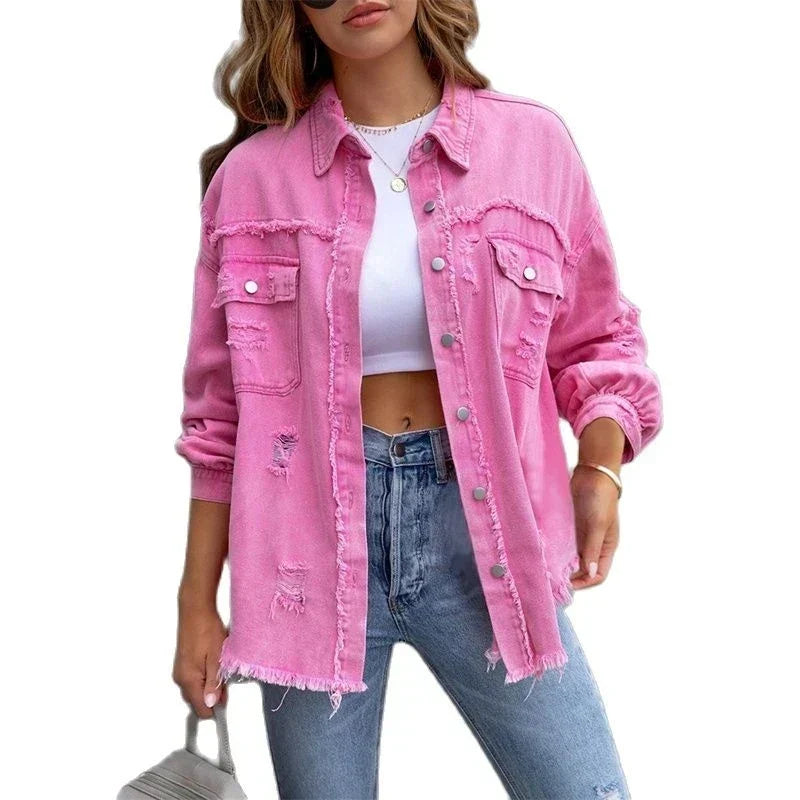 Spring/summer women's denim jacket, slim fit & boho style, perfect lightweight outerwear for casual or festival fashion.