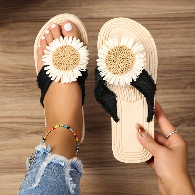 Women's Boho Slip-On Sandals with daisy floral detail. Perfect flat summer shoes for effortless style & comfort.