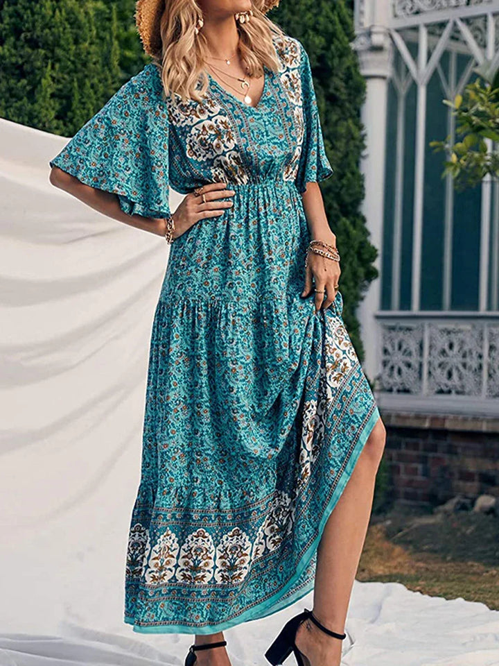 Printed boho summer dress, women's flowing V-neck with short sleeves, radiant for casual elegance.