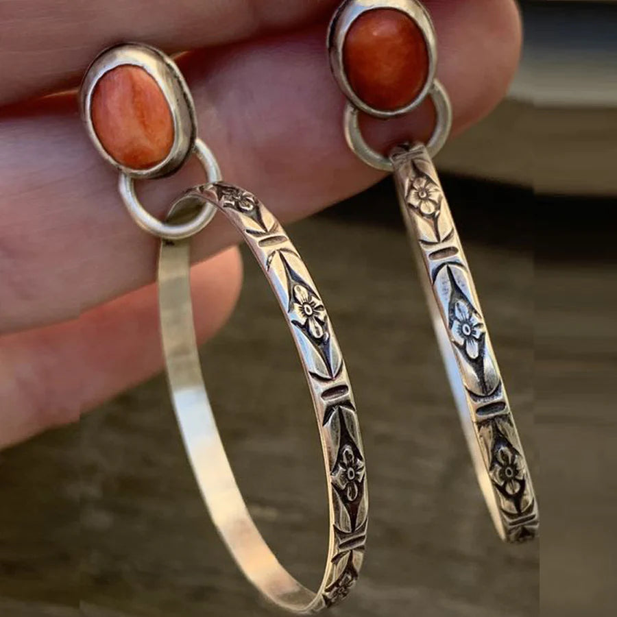Women's Boho Vintage Onyx Drop Earrings, elegant bohemian jewelry with red and green mystical onyx stones.