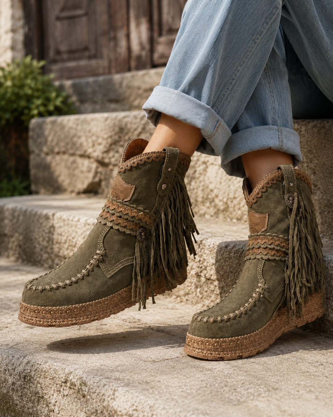Women's boho western ankle boots with stylish fringe detail.