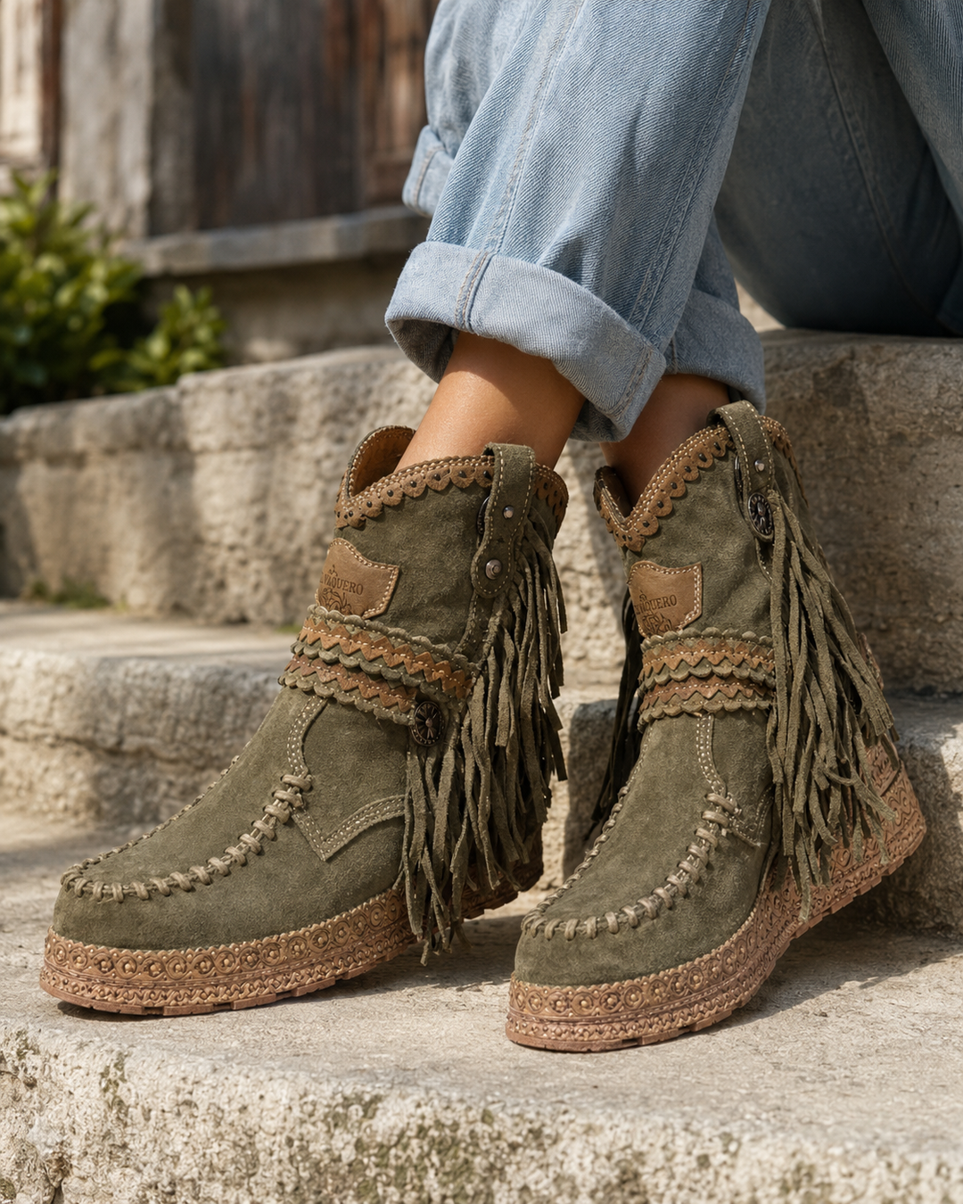 Slip-on women's casual ankle boots with boho western fringe, perfect for everyday chic.