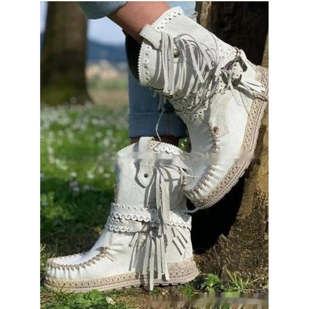 Fringe ankle boots for women, western boho style. Great casual platform boots for festivals.