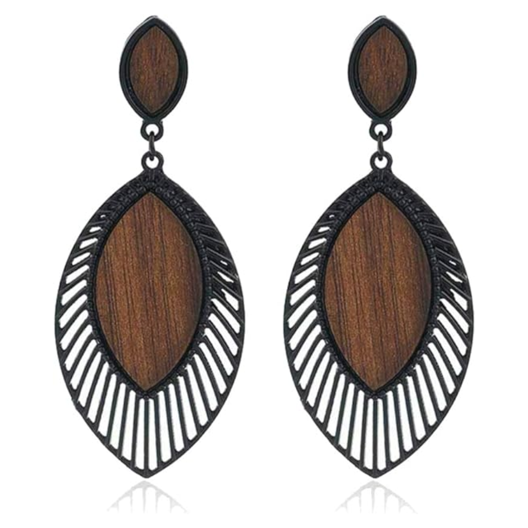Women's boho wood teardrop earrings, lightweight, trendy fashion accessory.