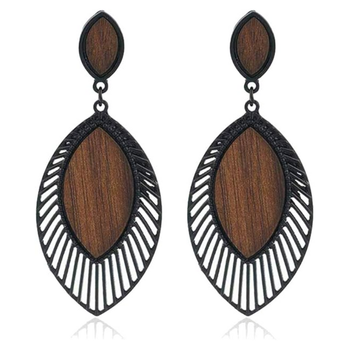 Women's boho wood teardrop earrings, lightweight, trendy fashion accessory.