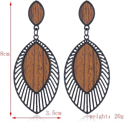 Trendy women's lightweight boho wood teardrop earrings, stylish, eye-catching accessory.