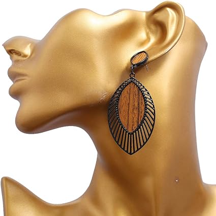 Boho wood teardrop earrings, lightweight women's fashion jewelry.