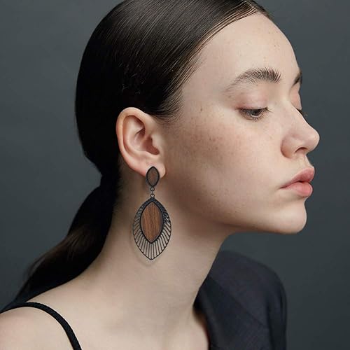 Textured natural wood teardrop earrings, lightweight boho style for women.
