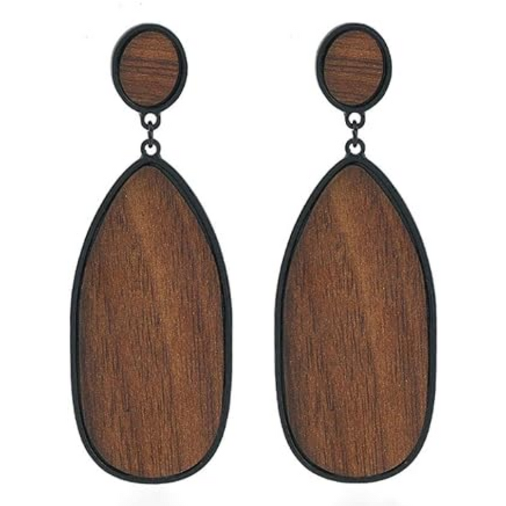 Lightweight boho wood teardrop earrings for women, comfortable, trendy hippie chic jewelry.
