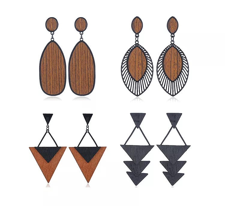 Trendy women's boho wood teardrop earrings, lightweight fashion accessory for hippie chic style.