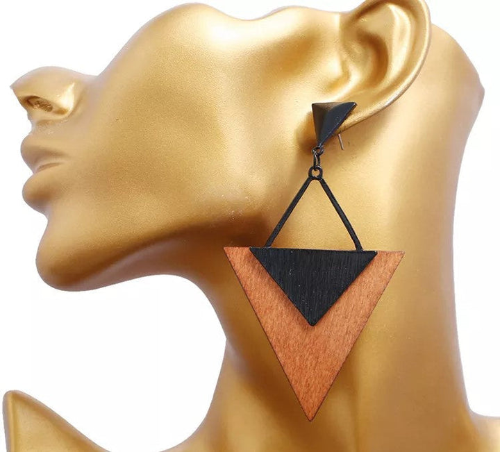 Women's lightweight boho wood teardrop earrings, natural, stylish jewelry accessory.