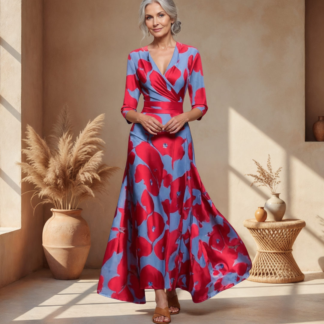 Women's bold floral print wrap V-neck maxi dress, elegant and flowy, perfect for summer parties.