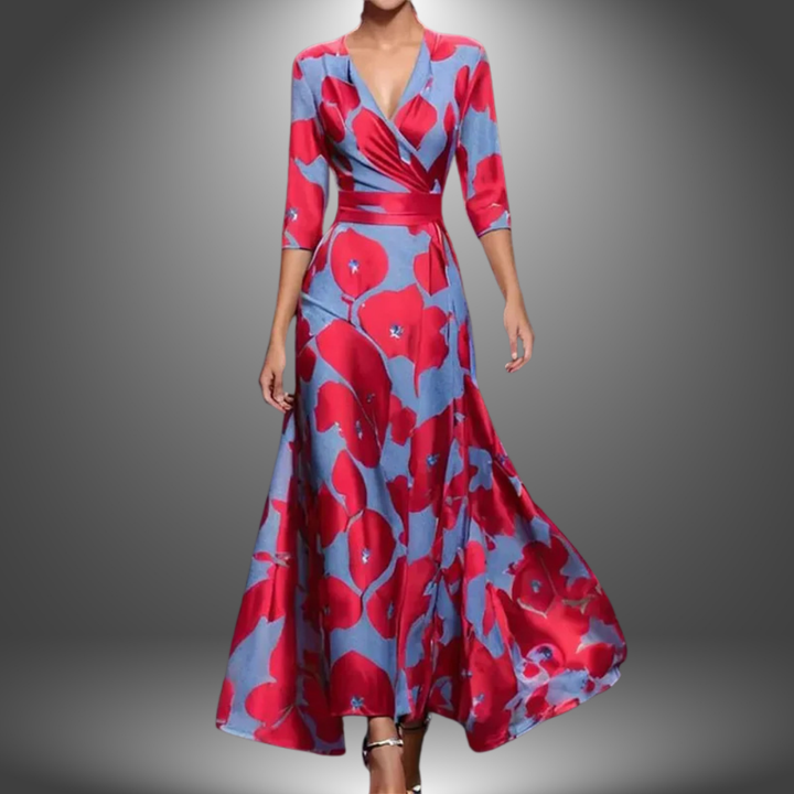 Sophisticated women's floral wrap V-neck maxi dress, ideal for evening wear, formal events, or summer occasions.
