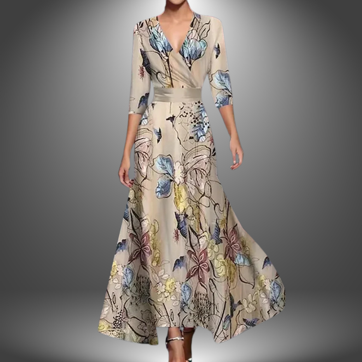 Striking women's bold floral V-neck wrap maxi dress with a beautiful flowy skirt, a true statement piece.