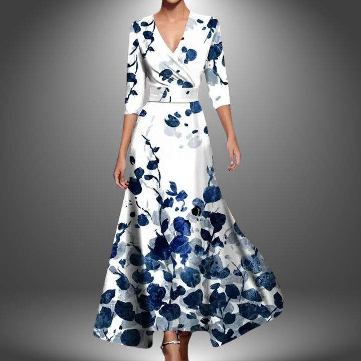Elegant ladies' floral V-neck wrap maxi dress, long and flowy, suitable for parties and sophisticated events.