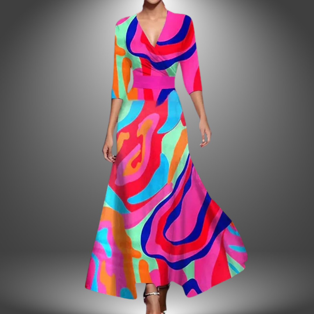 Bold floral print women's wrap V-neck flowy maxi dress, perfect for an eye-catching summer or evening look.