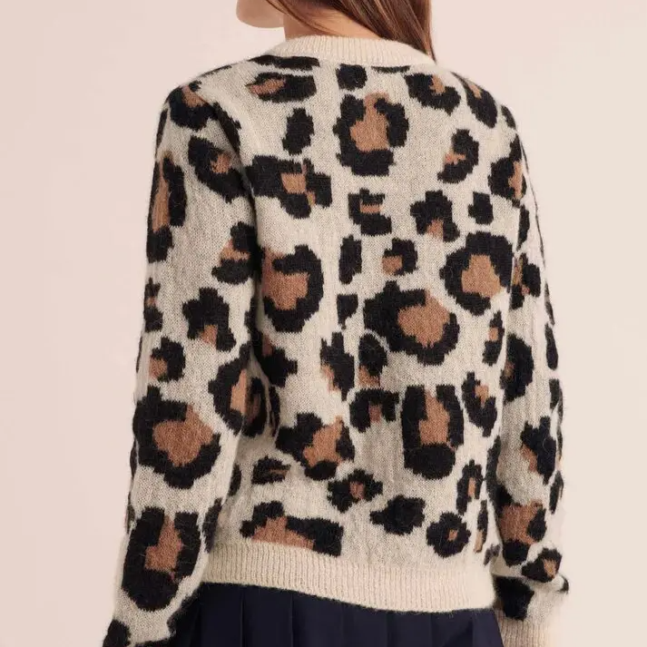 Versatile women's fall/winter knit cardigan, showcases a bold leopard print and trendy striped long sleeves.