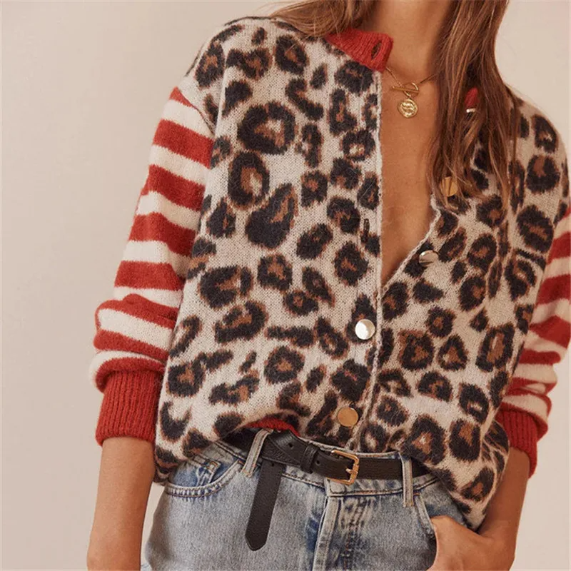 Cozy leopard print knit cardigan for women, perfect for fall and winter fashion, features striped sleeves.