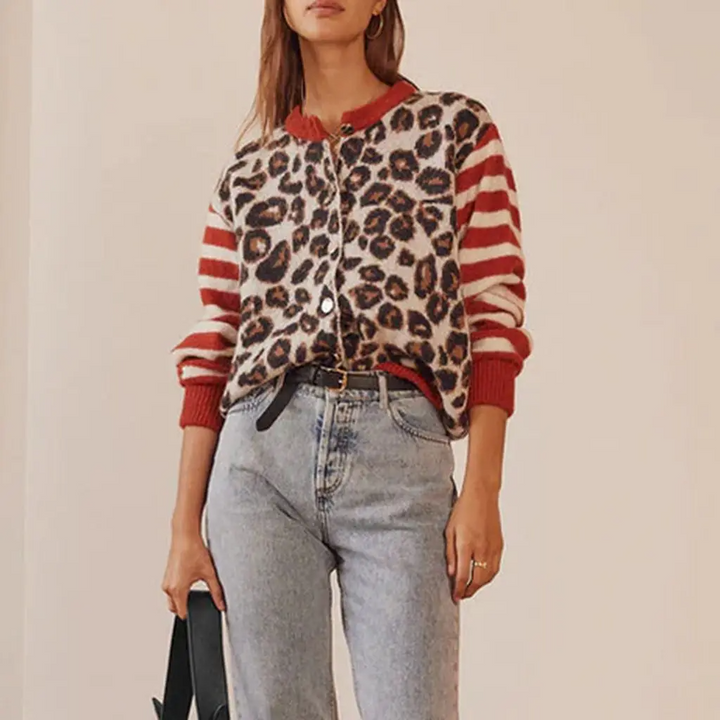 Fashionable women's leopard print cardigan, a cozy knit statement piece with stylish striped long sleeves.