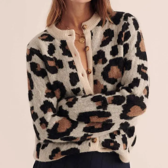Women's long sleeve button-front cardigan in a bold leopard animal print with unique striped sleeve detail.