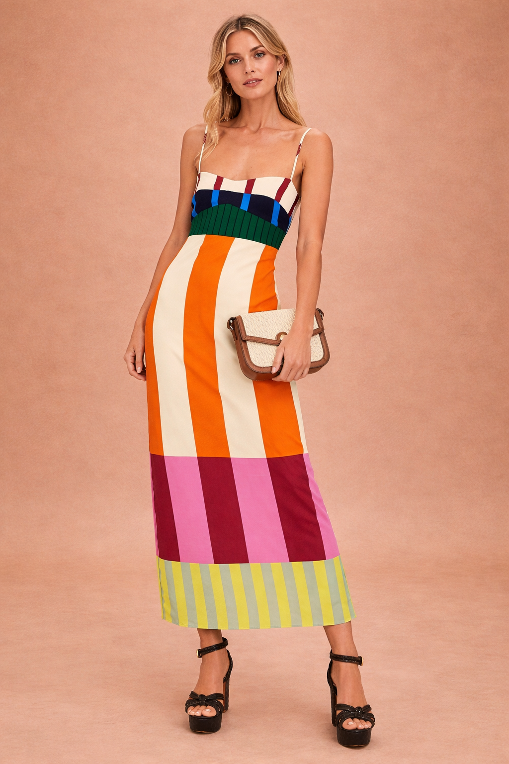 Women's bold stripe colourblock bodycon midi dress. Chic spaghetti strap design, perfect summer or cocktail fashion.