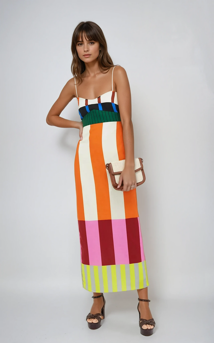 Stunning colourblock bodycon midi dress with bold stripes. Flattering fit, ideal statement dress for women's fashion.