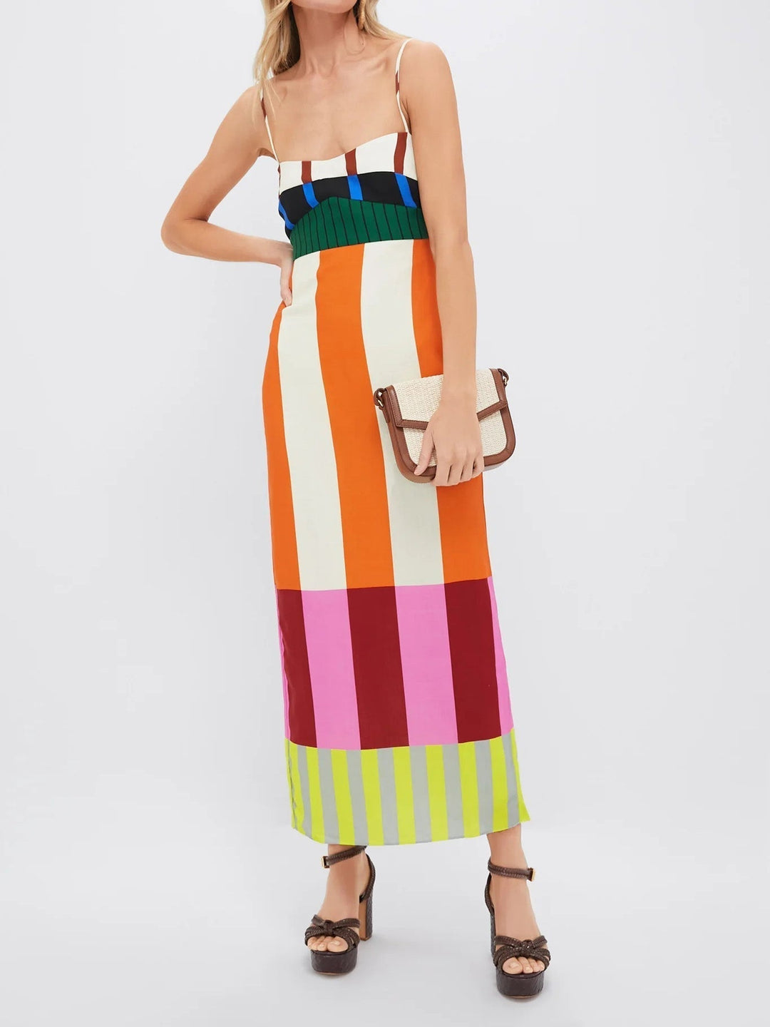 Spaghetti strap bold stripe midi dress, colourblock design. Bodycon fit, a chic and trendy summer cocktail dress.