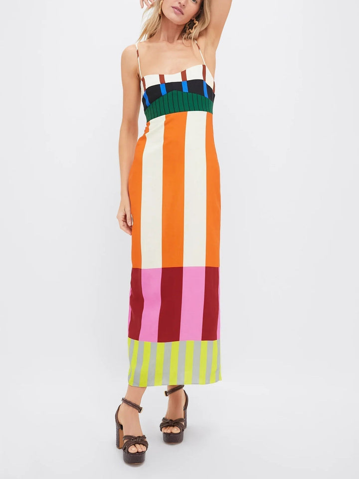 Elegant women's bodycon midi dress, bold stripes and colourblock. Perfect for cocktail parties, a chic summer statement.