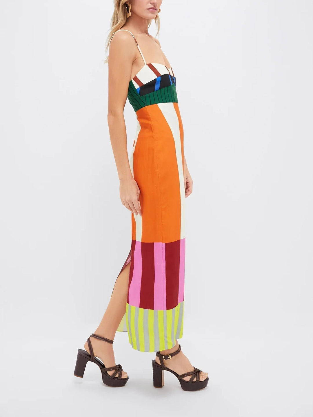 Women's stripe midi bodycon dress, vibrant colourblock pattern. Spaghetti strap statement piece for chic summer fashion.