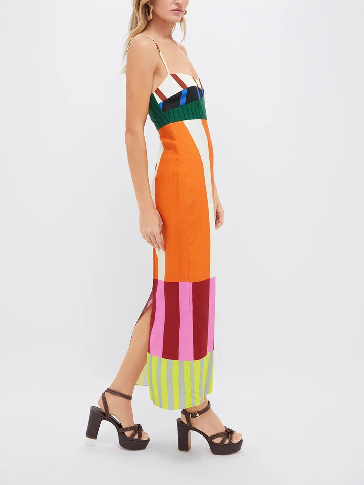 Women's stripe midi bodycon dress, vibrant colourblock pattern. Spaghetti strap statement piece for chic summer fashion.