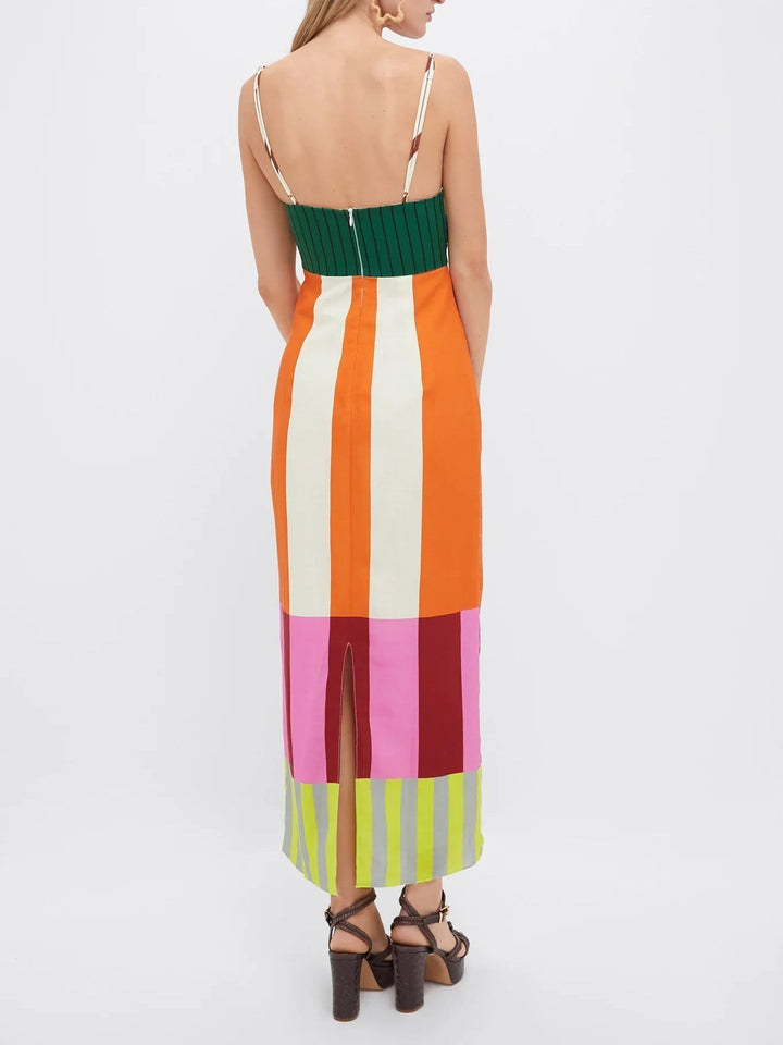Bold stripe colourblock bodycon midi dress. Chic spaghetti strap summer dress, perfect for a stylish statement look.