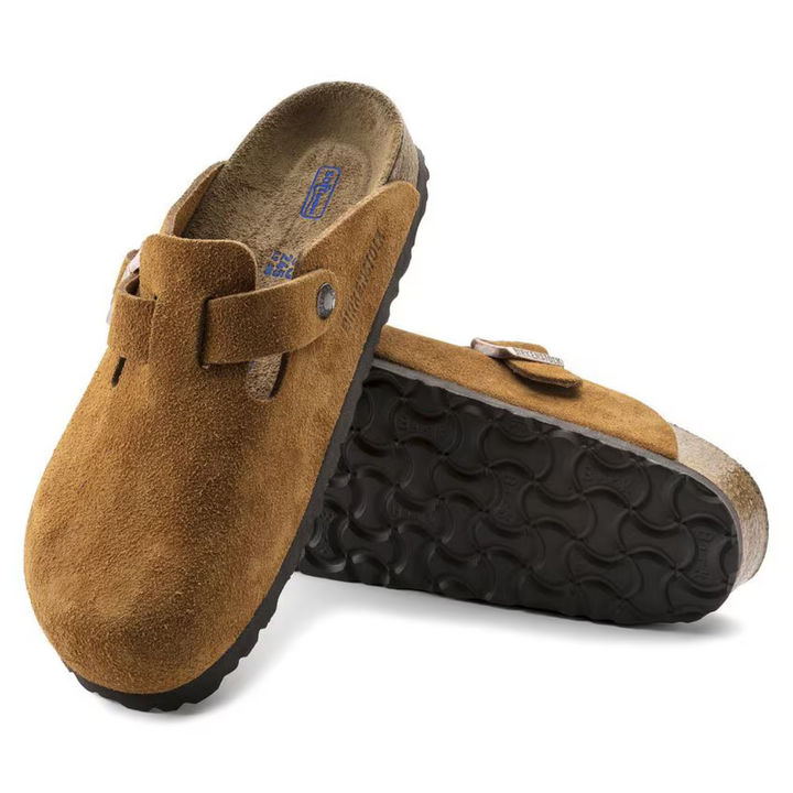 Side view of women's taupe Boston clogs, highlighting the supportive anatomical footbed and arch support.