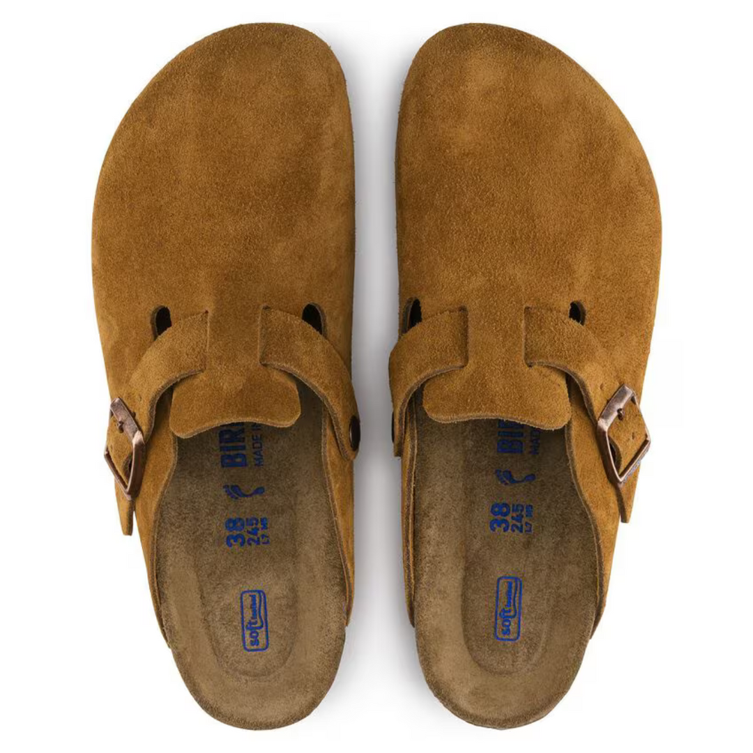 Top-down view of comfortable women's taupe slip-on Boston clogs, perfect for everyday casual wear.