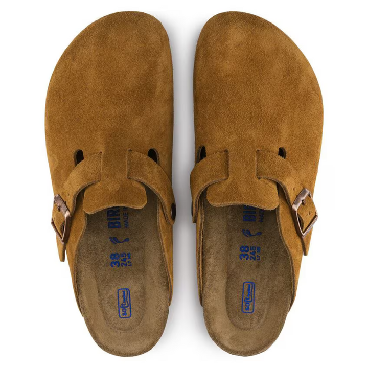 Top-down view of comfortable women's taupe slip-on Boston clogs, perfect for everyday casual wear.