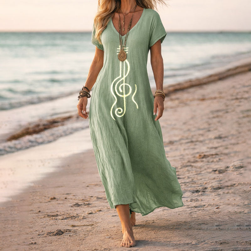 Casual women's long V-neck maxi dress with beautiful botanical floral pattern, perfect for summer and vacation.