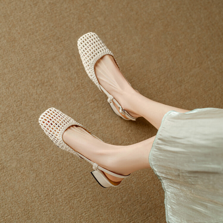 Elegant women's braided strap slingback sandals featuring a comfortable block heel for versatile wear.