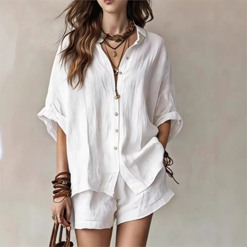 Summer women's lounge set: breathable two-piece outfit, relaxed fit. Ideal vacation wear with comfy elastic waist.